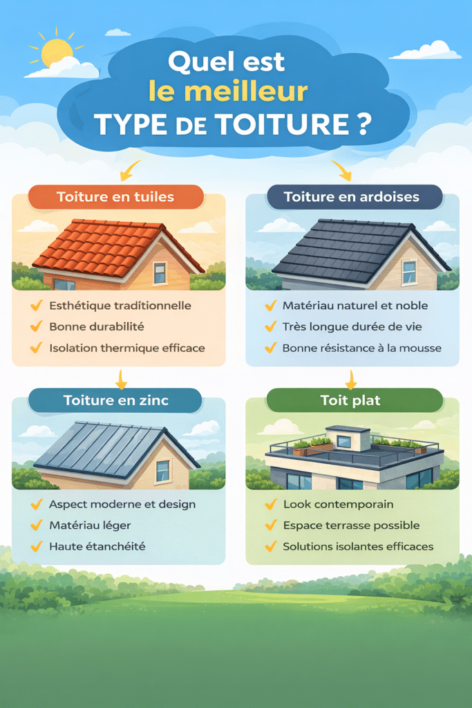 Infographie comparant les meilleurs types de toiture : tuiles, ardoise, zinc et toit plat avec leurs avantages