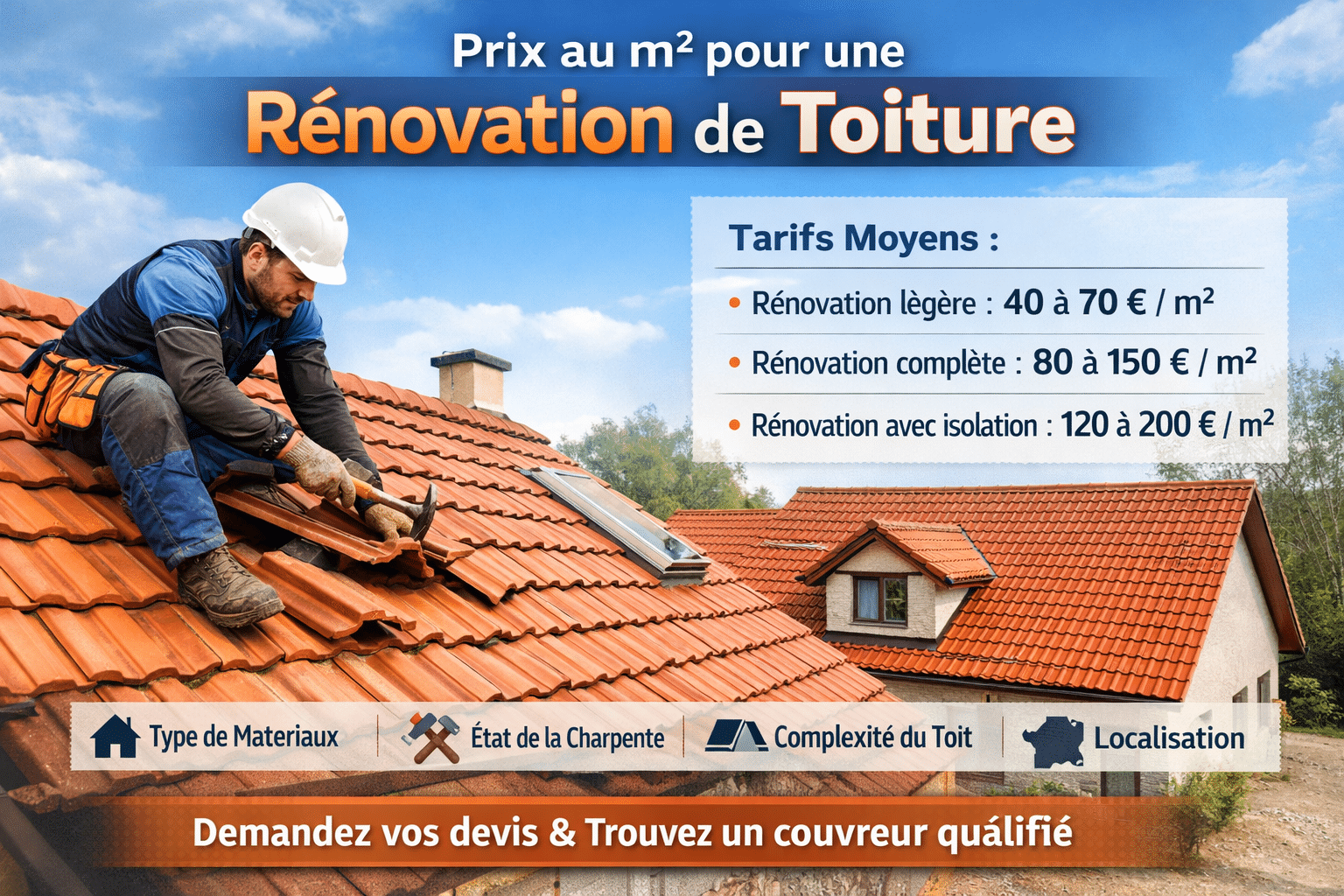 Illustration présentant un couvreur en train de rénover une toiture en tuiles rouges, avec un encart indiquant les prix moyens au mètre carré pour différents types de rénovation de toiture, ainsi que les facteurs influençant le coût comme le type de matériaux, l’état de la charpente, la complexité du toit et la localisation.