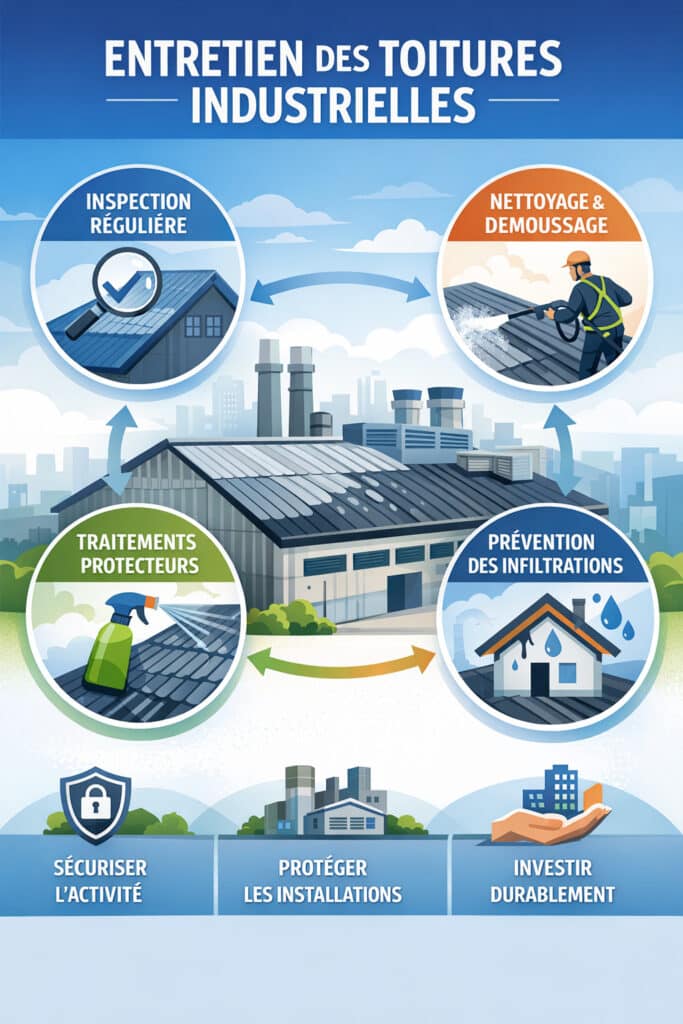 Infographie en français illustrant les étapes clés de l’entretien des toitures industrielles : inspection régulière, nettoyage et démoussage, traitements protecteurs, prévention des infiltrations, avec un bâtiment industriel au centre et des icônes représentant la sécurisation de l’activité, la protection des installations et l’investissement durable