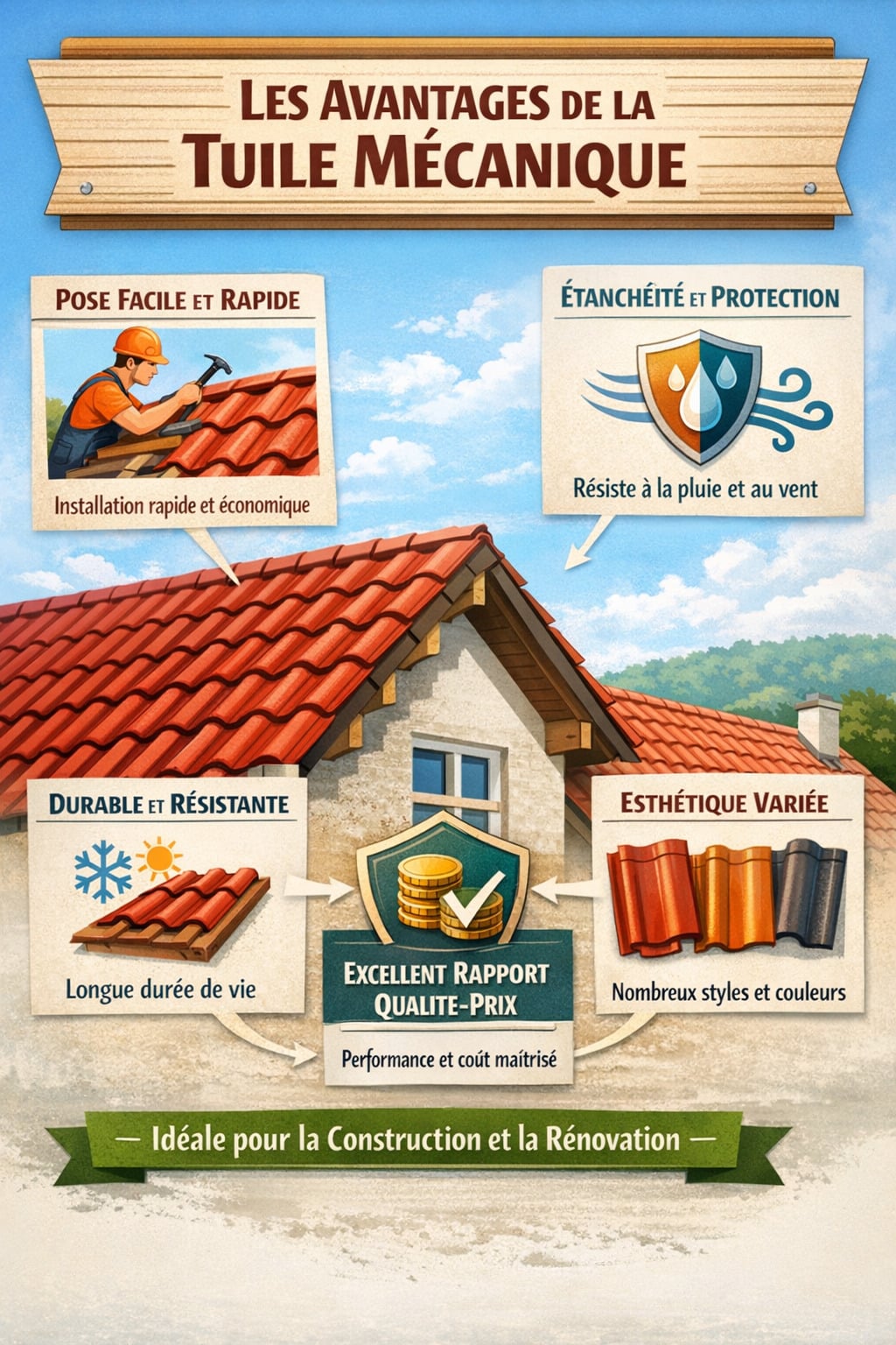 Infographie présentant les avantages de la tuile mécanique avec une illustration centrale d’une toiture en tuiles rouges et cinq encadrés décrivant ses bénéfices : pose facile et rapide,