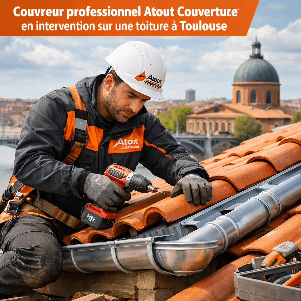 Couvreur professionnel Atout Couverture en intervention sur une toiture à Toulouse lors de travaux de rénovation de couverture et de zinguerie.