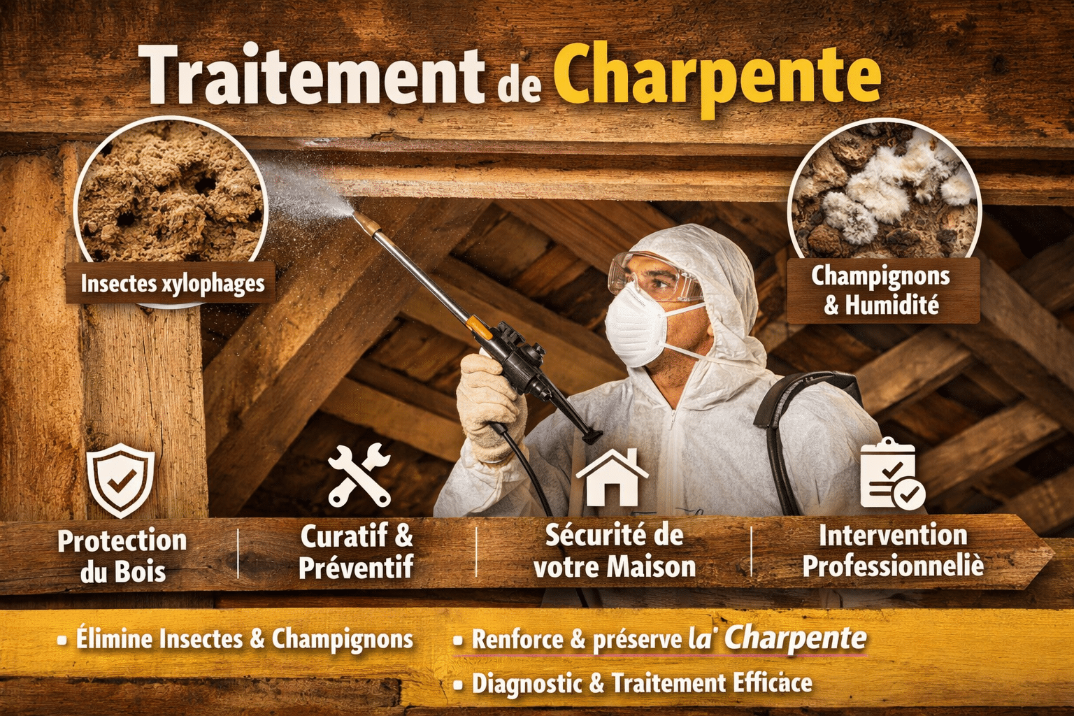 Illustration du traitement de charpente montrant un professionnel en tenue de protection appliquant un produit sur une charpente en bois, avec des images de bois infesté par des insectes xylophages et de champignons liés à l’humidité.