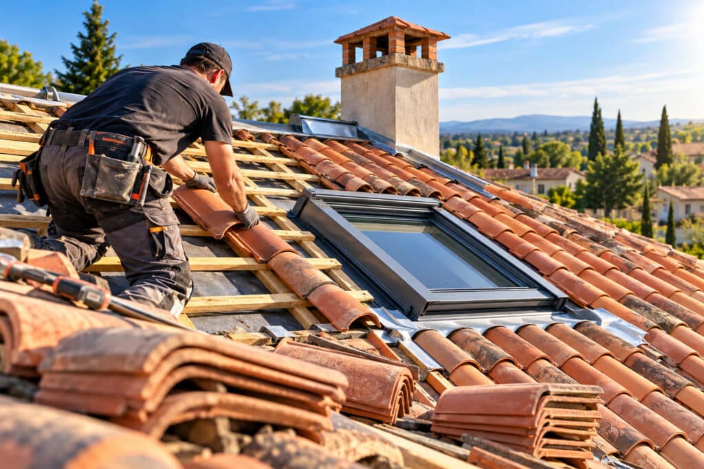 ouvreur réalisant une rénovation de toiture en tuiles avec pose d’une fenêtre de toit